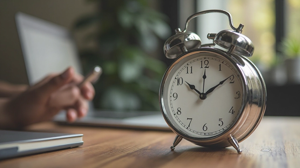 Klok op tafel met getallen duidelijk zichtbaar, getuigend van voorbijgaande tijd en urgentie in subtiele setting