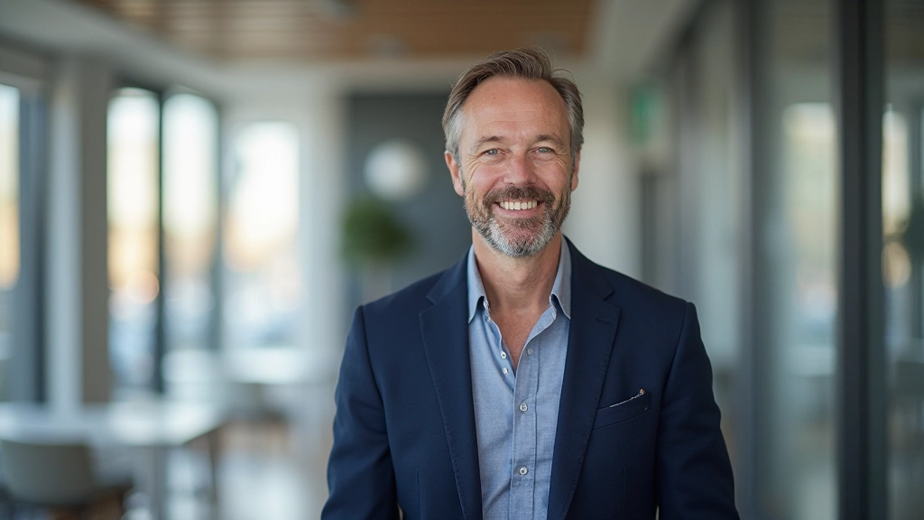 Professionele man in zakelijk pak voert gesprek met zelfverzekerde lichaamshouding in modern kantoor met natuurlijk licht