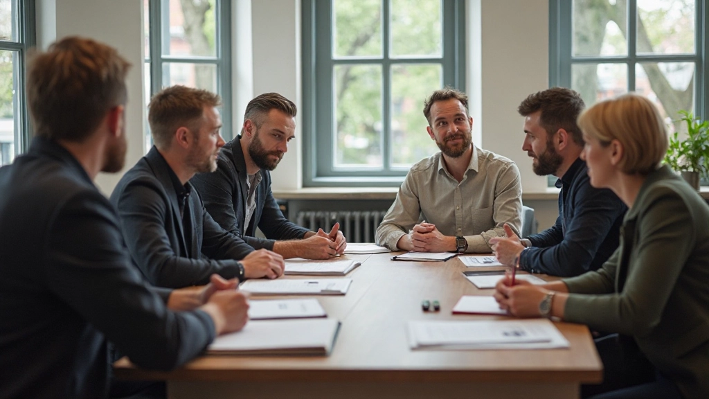 Team zit rond tafel met notitieblok en brainstormingsmateriaal in creatieve werkruimte