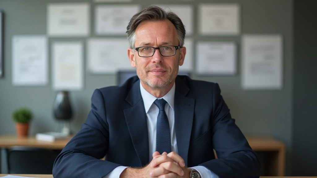 Professioneel met certificaten aan muur, zittend aan bureau met boekenplank vol vakboeken op achtergrond