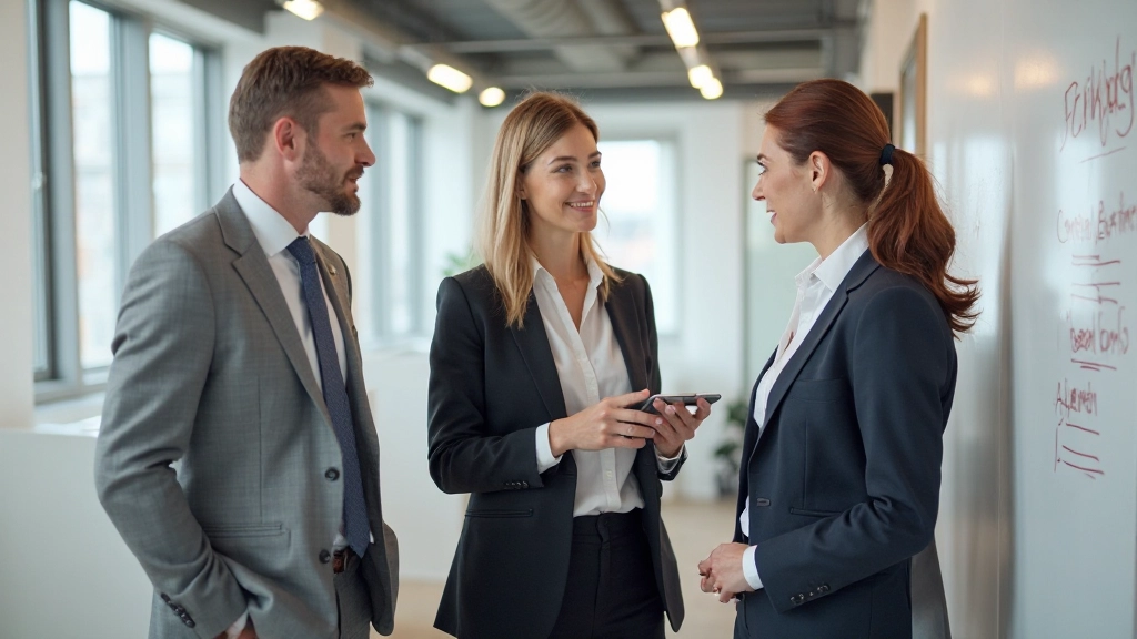 Professional team in kantooromgeving bespreekt strategische plannen met gedeelde notities en whiteboard