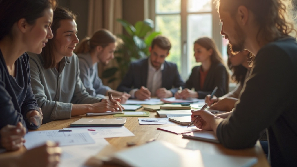 Team zit rond tafel met notitieblok en brainstormingsmaterialen in creatieve werkruimte met warm licht