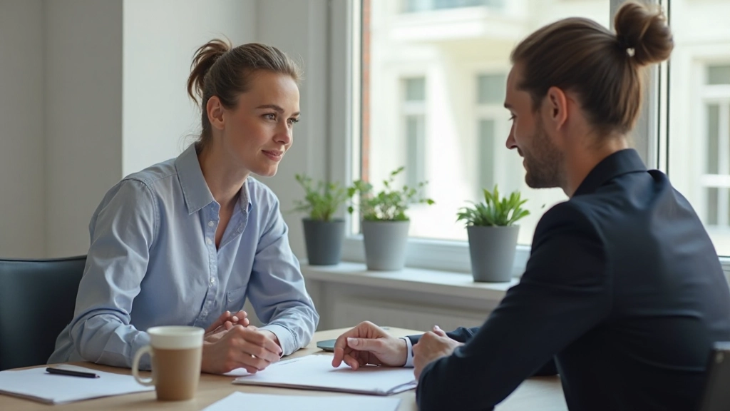 Twee professionals in gesprek aan een bureau met aantekeningen en kopje koffie zichtbaar