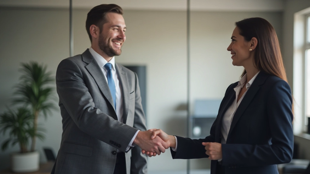 Twee personen wisselen documenten uit op vriendelijke manier met handshake en glimlach in neutrale omgeving