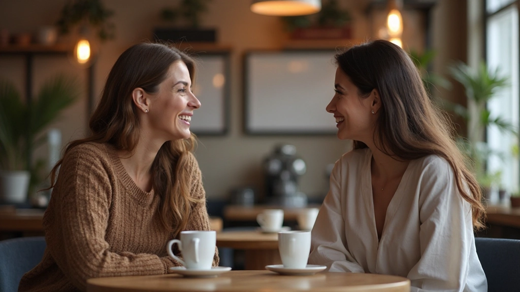 Twee vrouwen met warme glimlach elkaar aankijkend met open lichaamstaal in gezellige koffiehuisomgeving