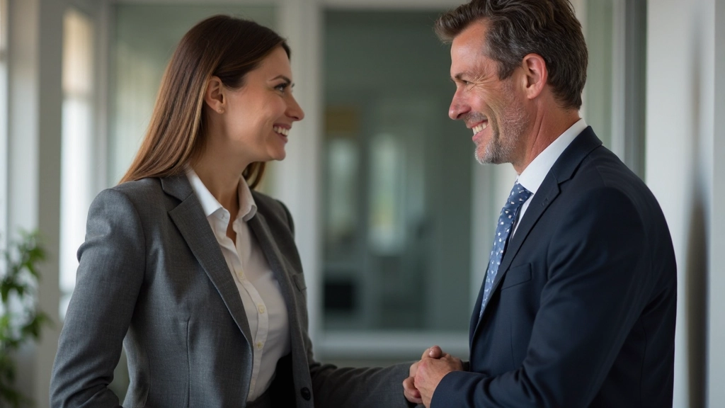 Twee personen in positief gesprek met open lichaamshouding en tevredenheid
