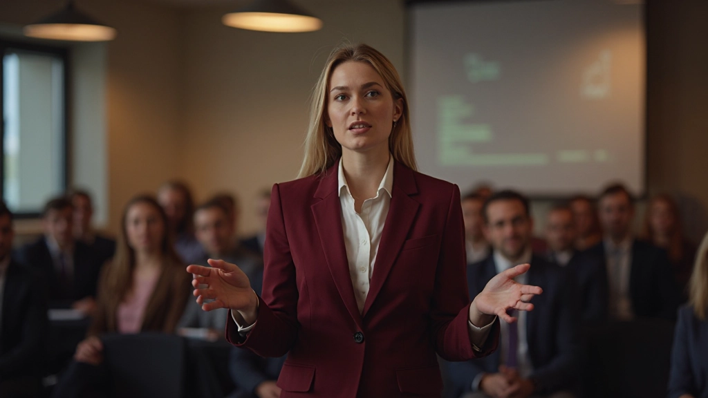 Vrouw houdt presentatie voor publiek in conferentiezaal met enthousiaste lichaamshouding