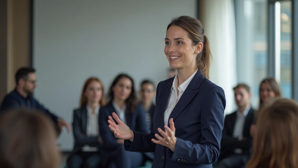 Professionele vrouw houdt inspirerende presentatie voor publiek in moderne conferentieruimte met enthousiaste uitstraling